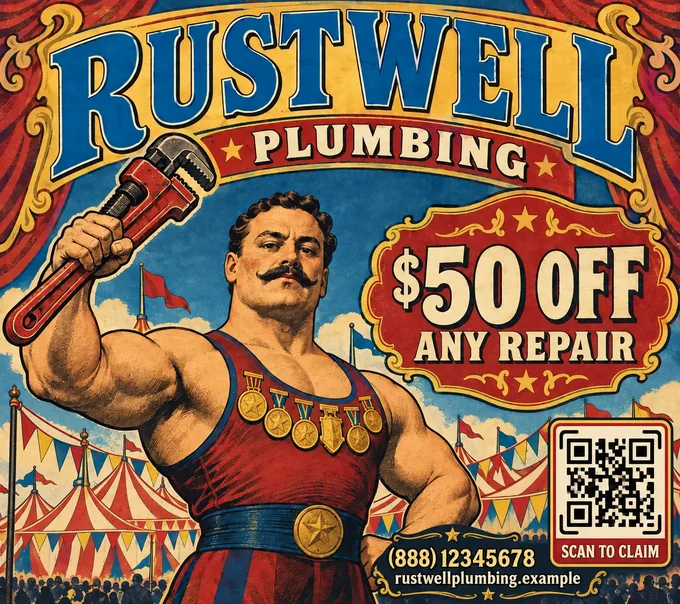 A The Greatest Block on Earth panel: a circus-poster strongman for Rustwell Plumbing.
