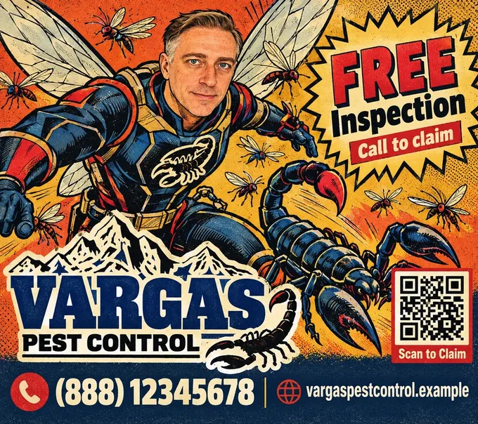 A Block Superheroes panel: a winged hero in blue and red armor with a scorpion emblem flying past a giant scorpion, for Vargas Pest Control.