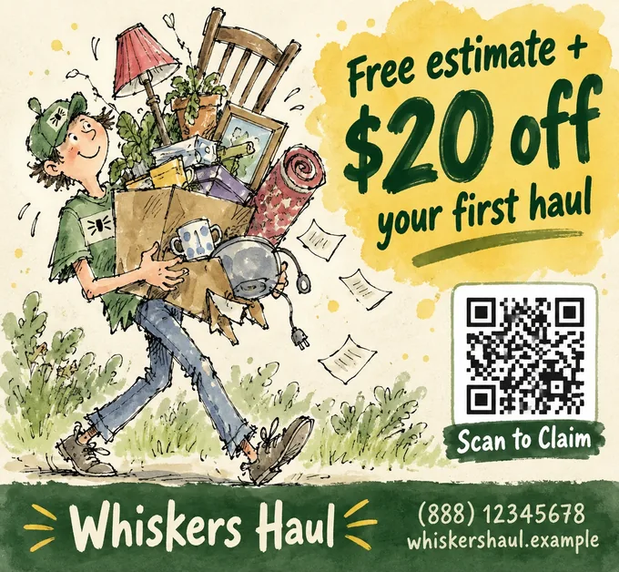 A Neighborhood Sketches panel: a hand-drawn junk-removal worker for Whiskers Haul.