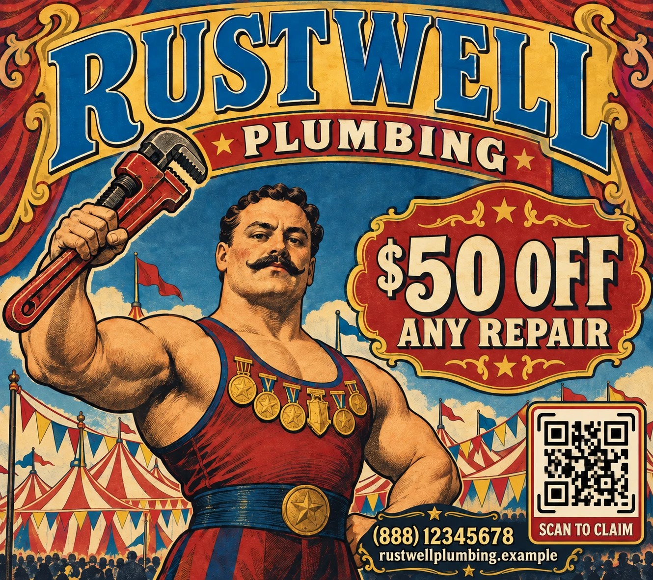 A The Greatest Block on Earth panel showing a vintage circus-poster strongman holding an oversized pipe wrench, branded Rustwell Plumbing.