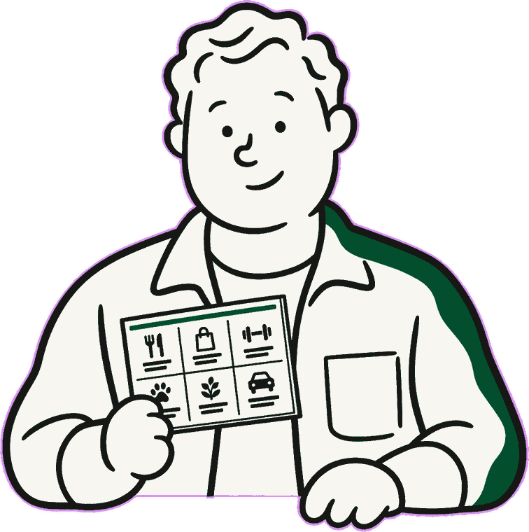 An illustrated neighbor holding a community postcard showing one business per category