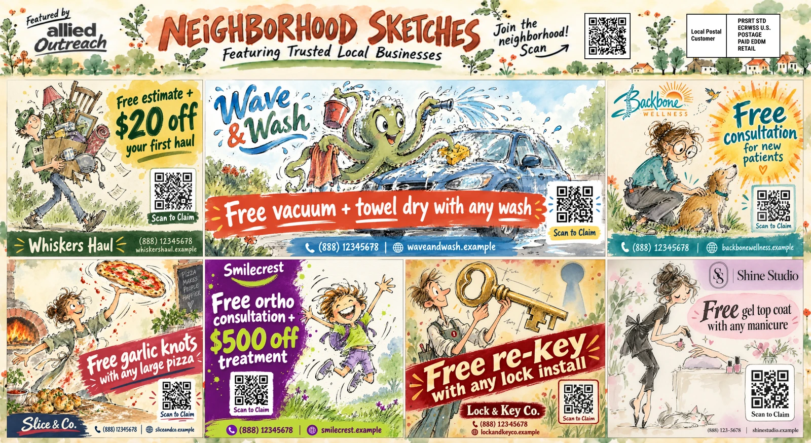 A shared community postcard running the Neighborhood Sketches theme. Advertiser panels are arranged around a cream, hand-lettered masthead reading Featured by Allied Outreach, Neighborhood Sketches, Join the neighborhood, Scan, next to a QR code.