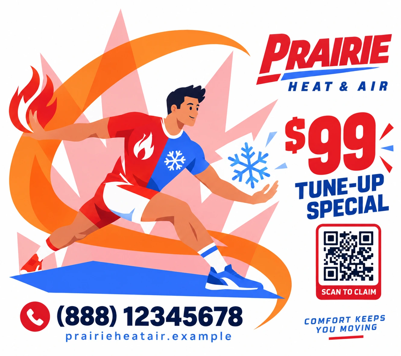 A Hometown Olympians panel showing a sprinting athlete split between fire and ice motifs for an HVAC business tune-up special.