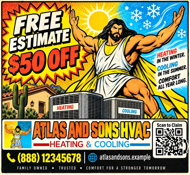 A Block Superheroes panel showing a comic-book strongman holding back sun and snow above two air conditioning units.