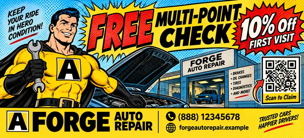 Sample double-width postcard panel for Forge Auto Repair. A caped mechanic holds a wrench beside a car. Contact details shown are placeholders for this sample.