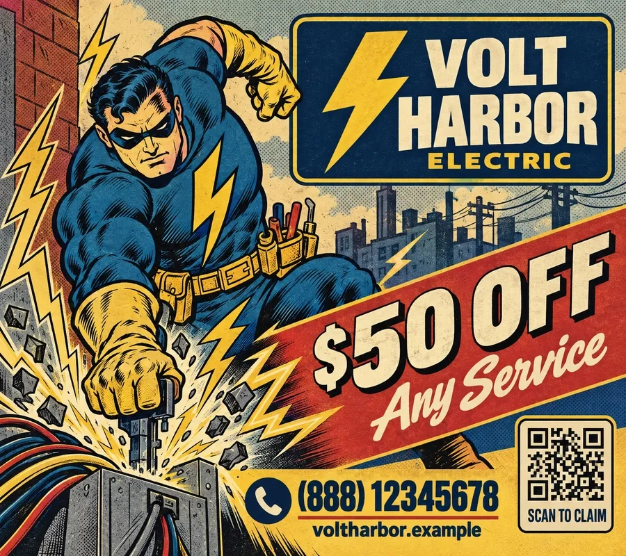 A Block Superheroes panel showing a vintage comic-book electrician hero repairing a live wire panel, branded Volt Harbor Electric.