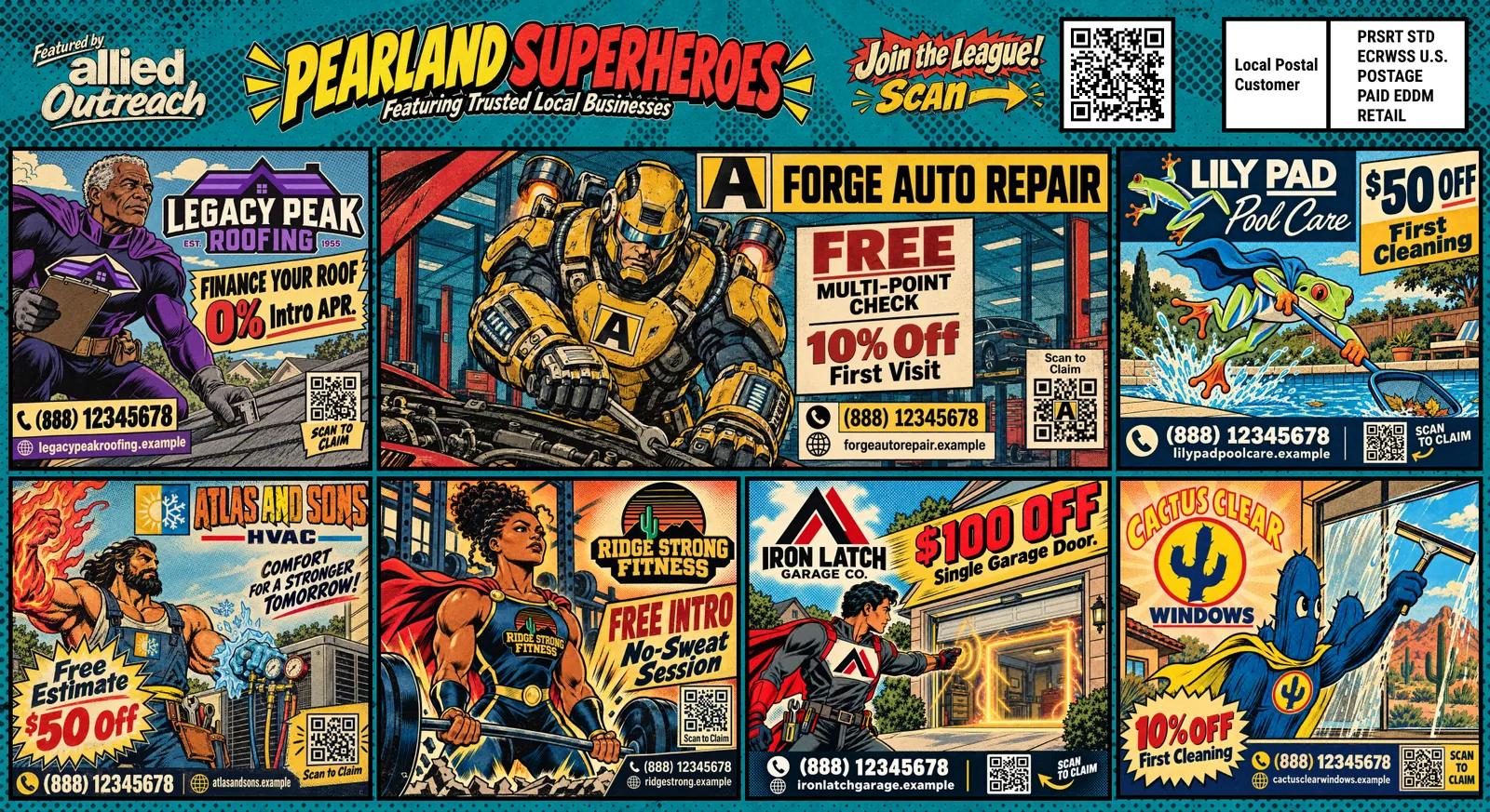 A shared community postcard running the Pearland Superheroes theme. Advertiser panels are arranged around a teal masthead reading Featured by Allied Outreach, Pearland Superheroes, Join the League, Scan, next to a QR code.