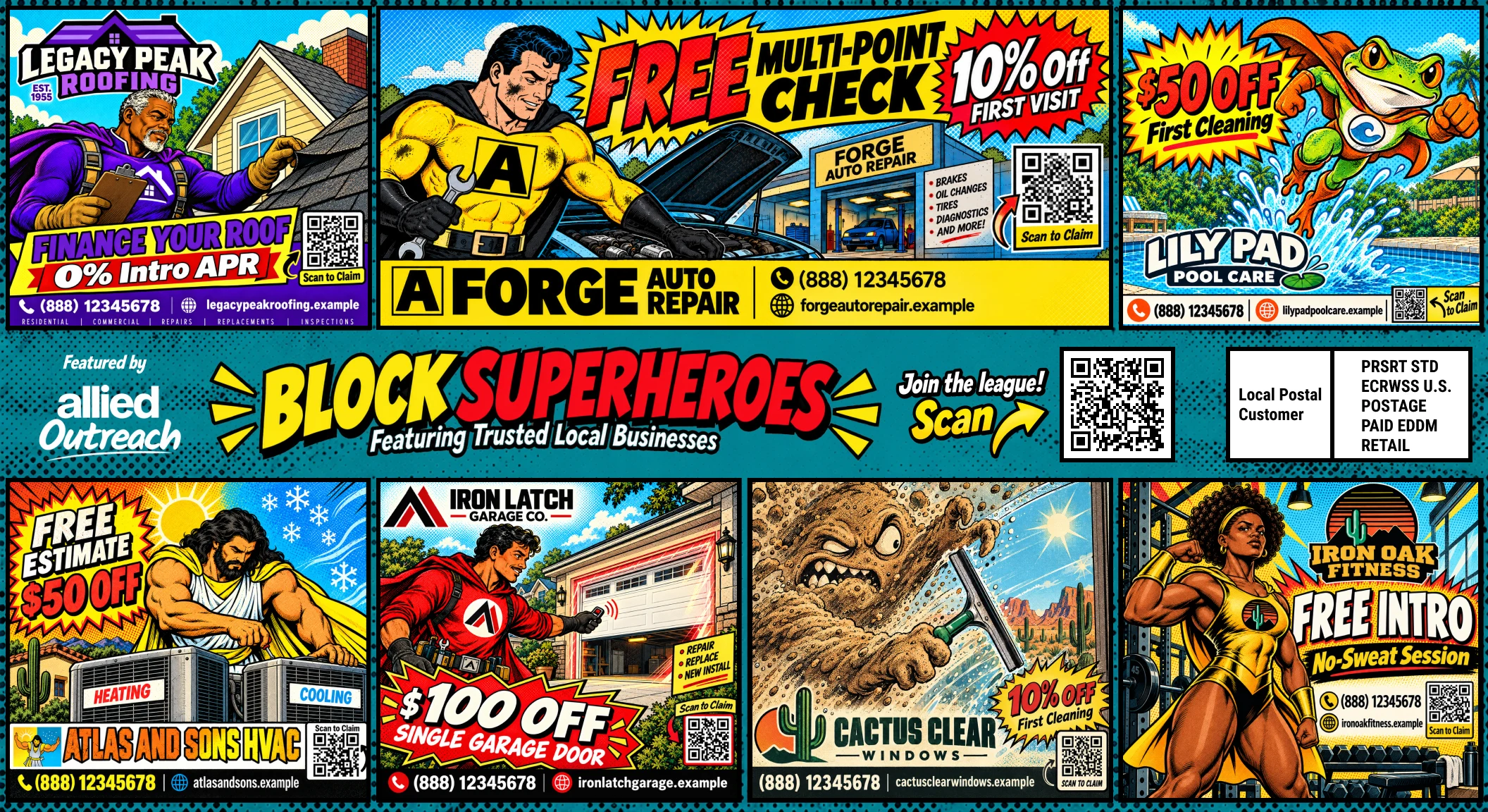 A shared community postcard running the Block Superheroes theme. Eight advertiser panels are arranged around a teal center bar reading Featured by Allied Outreach, Join the league, Scan, next to a QR code.