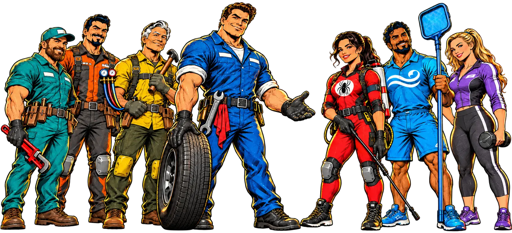 A team of seven Pearland tradespeople drawn as vintage comic-book superheroes: a plumber, an HVAC tech, a carpenter, a mechanic offering a welcoming handshake, a pest control specialist, a pool and pressure-washer pro, and a fitness trainer, each carrying the tools of their trade.